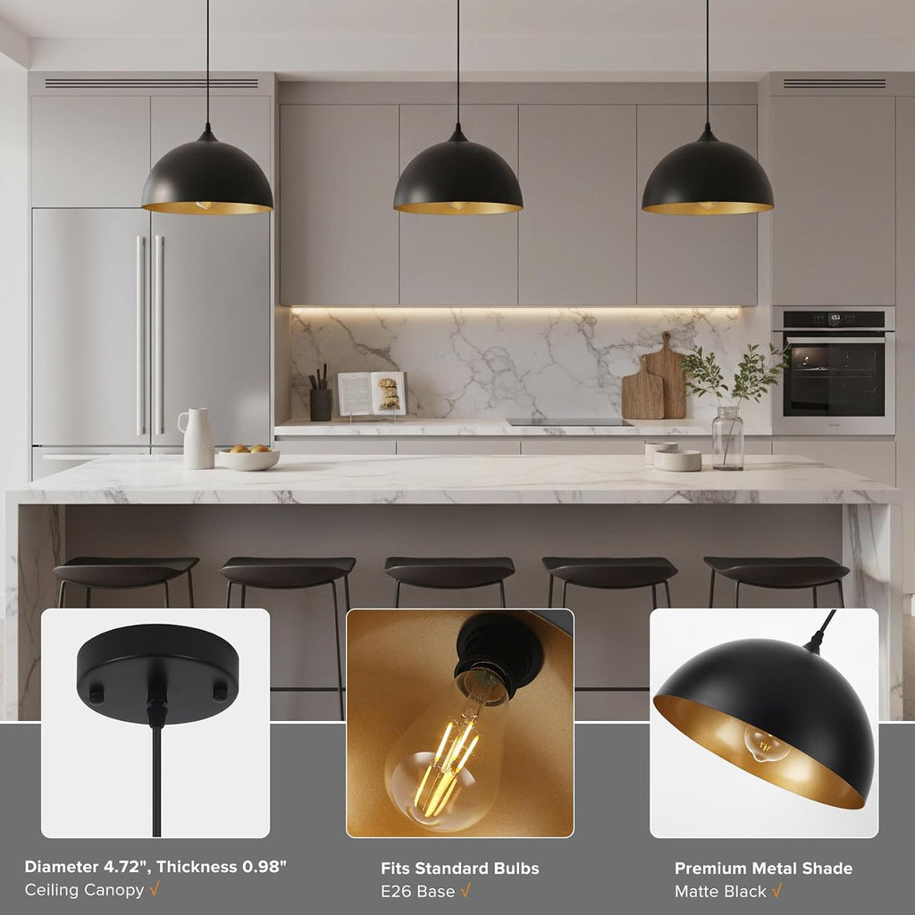 3 Pack Black Pendant Lights Kitchen Island, 11.8'' Modern Dome Pendant Light Farmhouse Hanging Light Fixture for Dining Room Restaurant Foyer Bar Cafe Sink