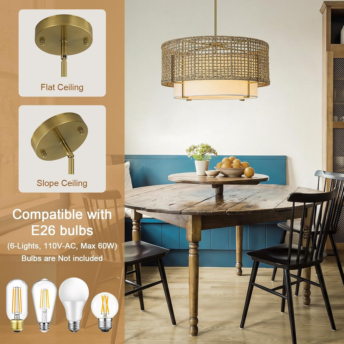 25.6" large rattan chandelier, 6-light boho rustic pendant on a desk or shelf