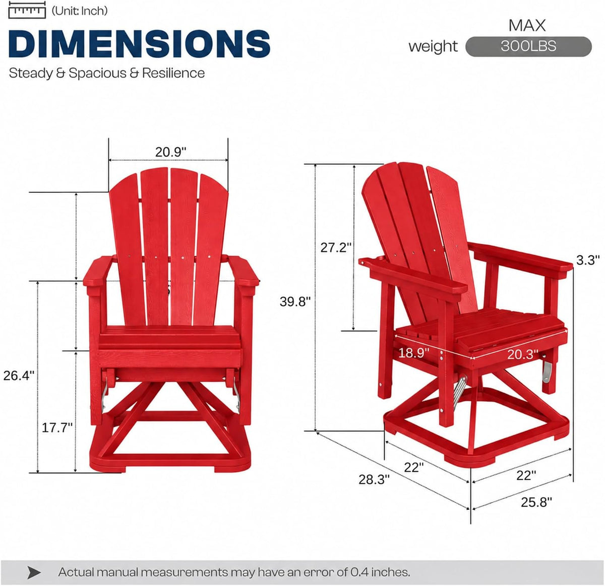 4-Piece Adirondack Swivel Glider Chair Set, Composite HDPE Outdoor Furniture for Backyard Conversation Set, Heavy Duty All-Weather Gliding Rocker for Patio, Red