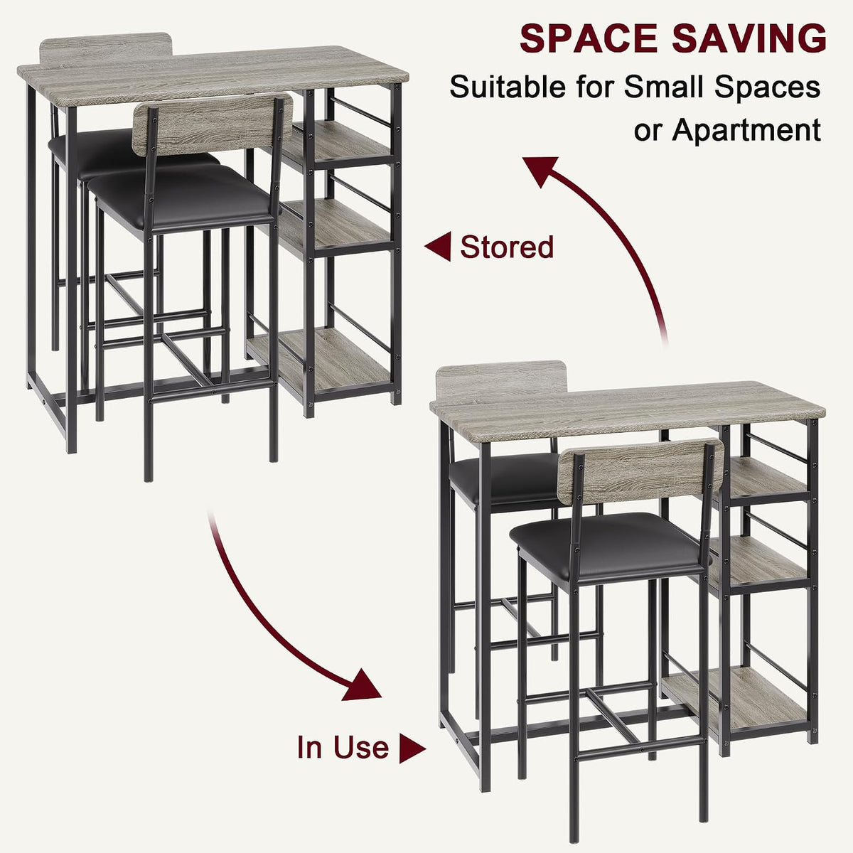 CABIHOME Dining Table Set for 2, Kitchen Table and Upholstered Chairs for 2, 3 Piece Counter Height Bar Table Set with 3 Large Storage Shelves for Small Space, Apartment, Studio, Rustic Gray