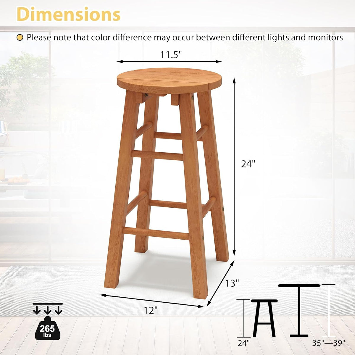 Tangkula Outdoor Wood Bar Stools Set of 2, Counter Height Backless Patio Barstools with Round Seat, Footrest, for Garden, Backyard, Balcony, Poolside, Natural (1,24 inches)