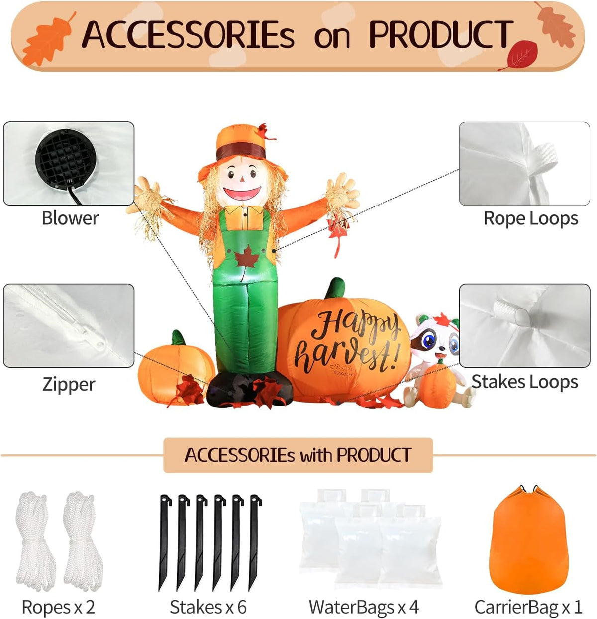 DomKom 6ft Tall LED Lighted Inflatable Scarecrow and Pumpkin – Halloween Thanksgiving Fall Yard Decoration with Built-in Lights – Outdoor Blow Up Decor for Lawn, Garden, Party