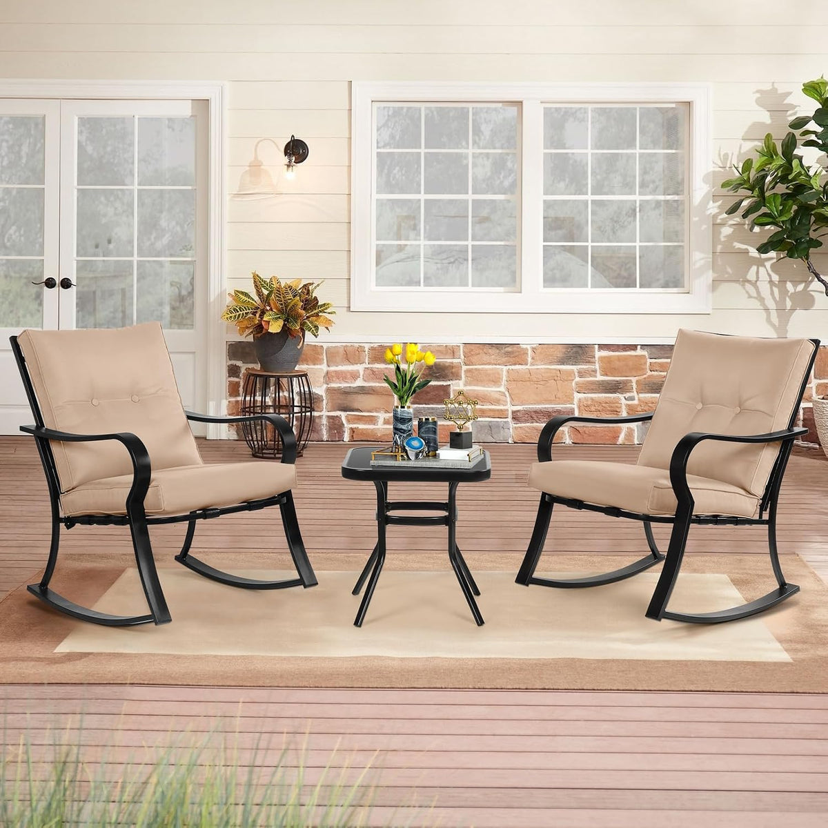 SOLAURA 3-Piece Outdoor Rocking Chairs Bistro Set, Black Iron Patio Furniture with Brown Thickened Cushion & Glass-Top Coffee Table