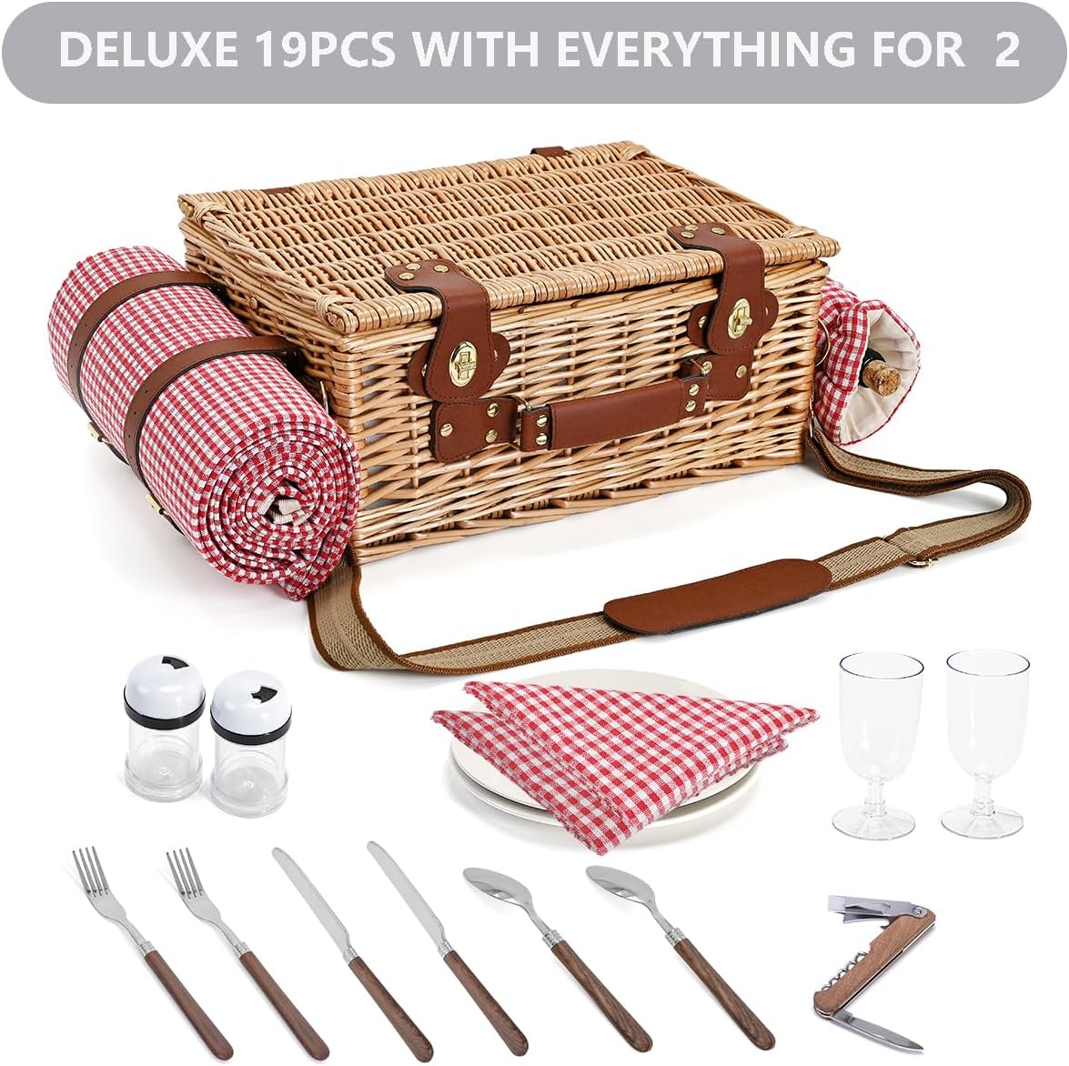 Picnic Basket with Blanket and Wine Pouch for 2, Wicker Picnic Set with Insulated Liner Cooler Bag Hamper for Camping,Wedding - Red Gingham