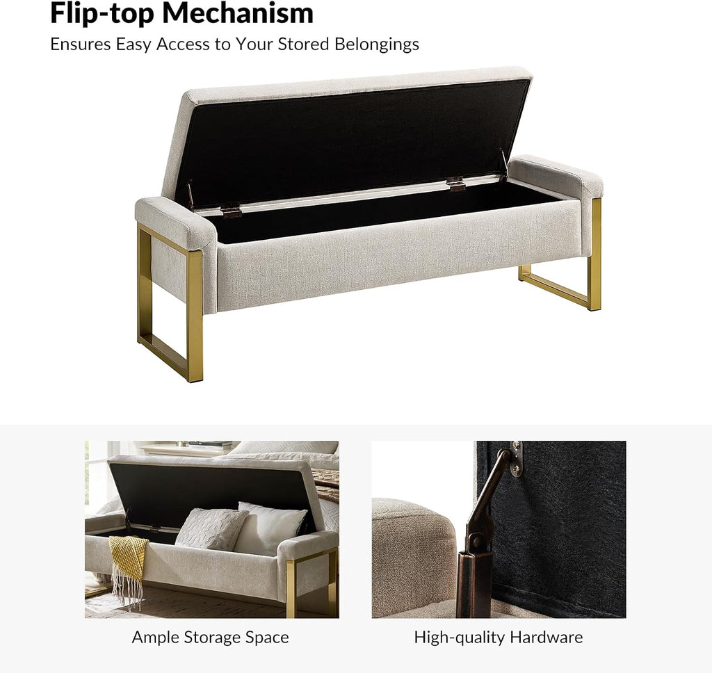 EcoHarbor Living Modern Storage Ottoman Bedroom Bench, End of Bed Bench with Gold Metal Legs, Upholstered Footrest Stool for Living, Dining Room, Entryway and Hallway(Beige 55inch)