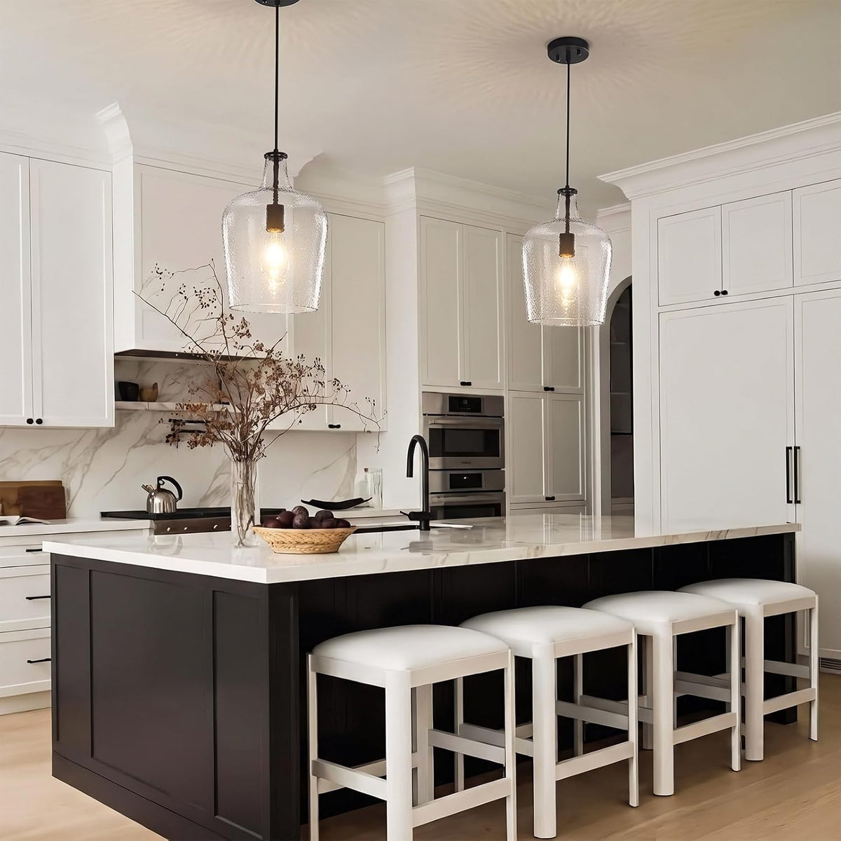 9.3" Blown Glass Pendant Lighting for Kitchen Island,Black Large Pendant Light Fixture with blown Thickened Glass,1 Light Farmhouse Hanging Light for Hallway,Bedroom, Living Room Tall 14 inch
