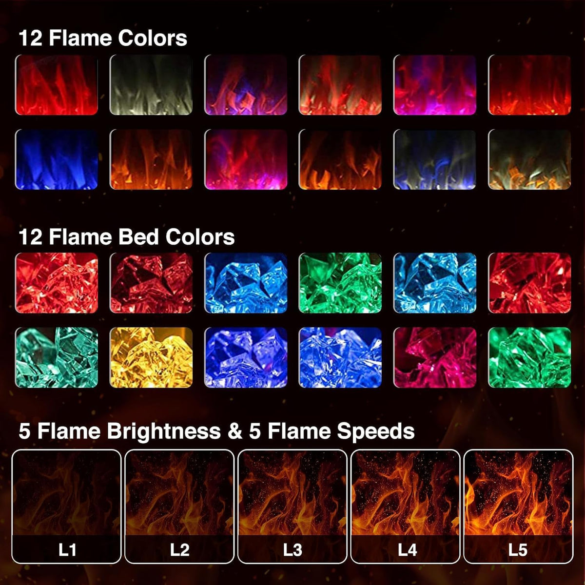 ZAFRO 50" Electric Fireplace with Remote Ultra-Thin & Quiet Wall-Mounted Recessed Heater, Adjustable 12-Color Flame, Brightness & Speed
