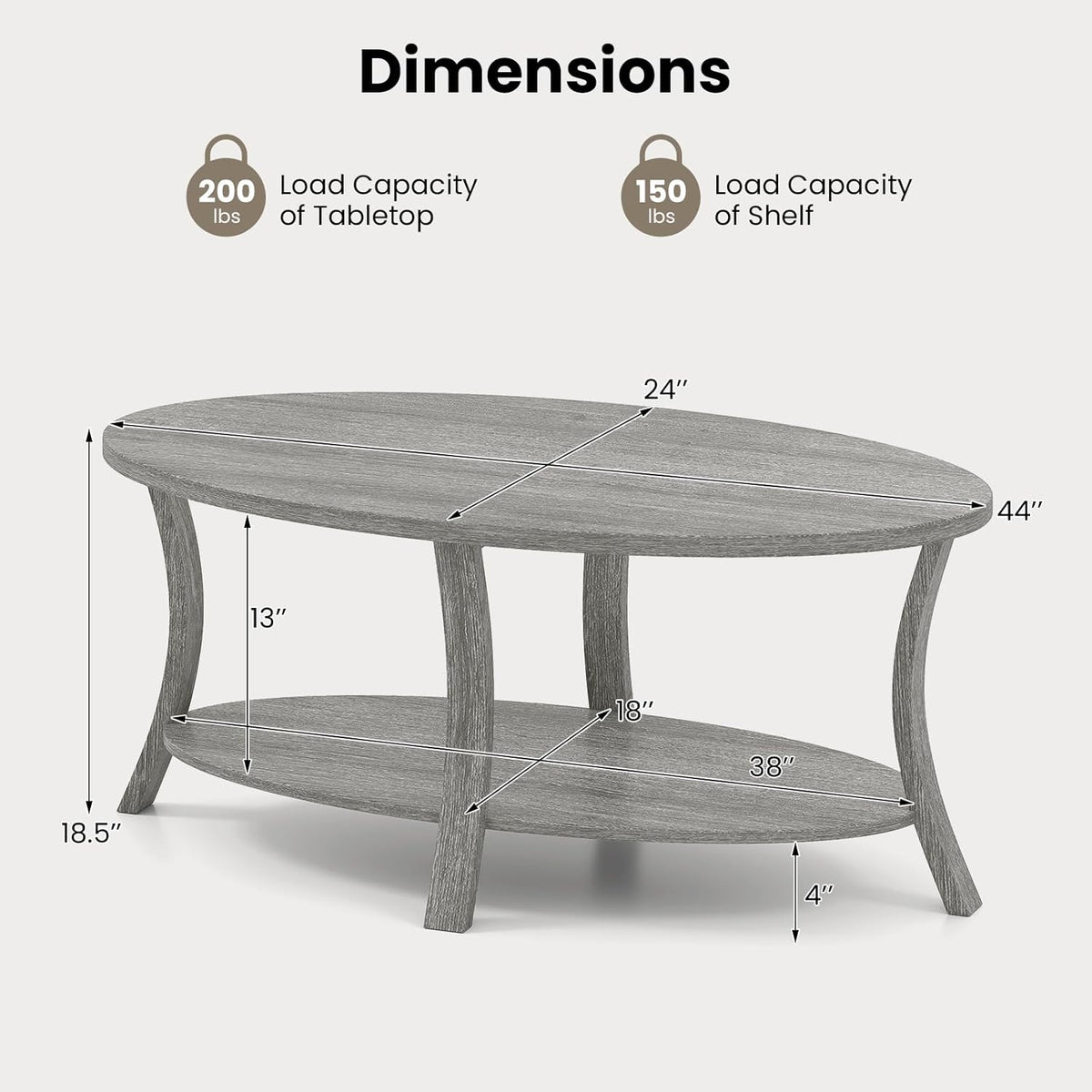 GIANTEX 44 Inch Oval Coffee Table, 2-Tier Center Table with Storage Shelf & Rubber Wood Frame, Modern Farmhouse Living Room Table for Reception Office, Gray