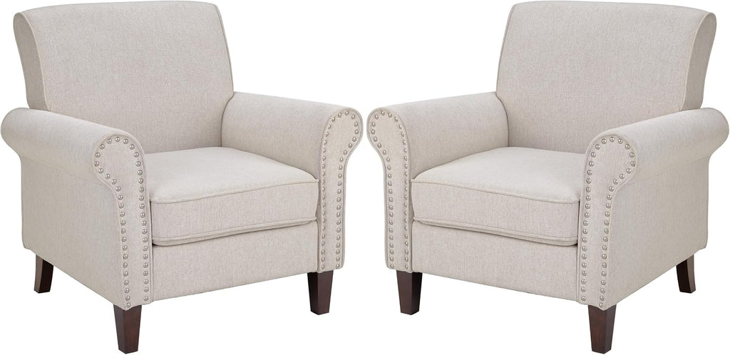 PrimeZone Comfy Accent Chairs Set of 2, Mid-Century Modern Arm Chair, Beige