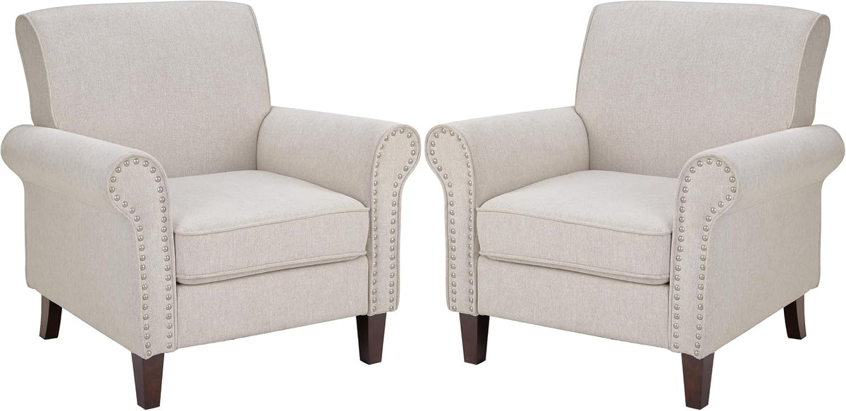 PrimeZone Comfy Accent Chairs Set of 2, Mid-Century Modern Arm Chair, Beige