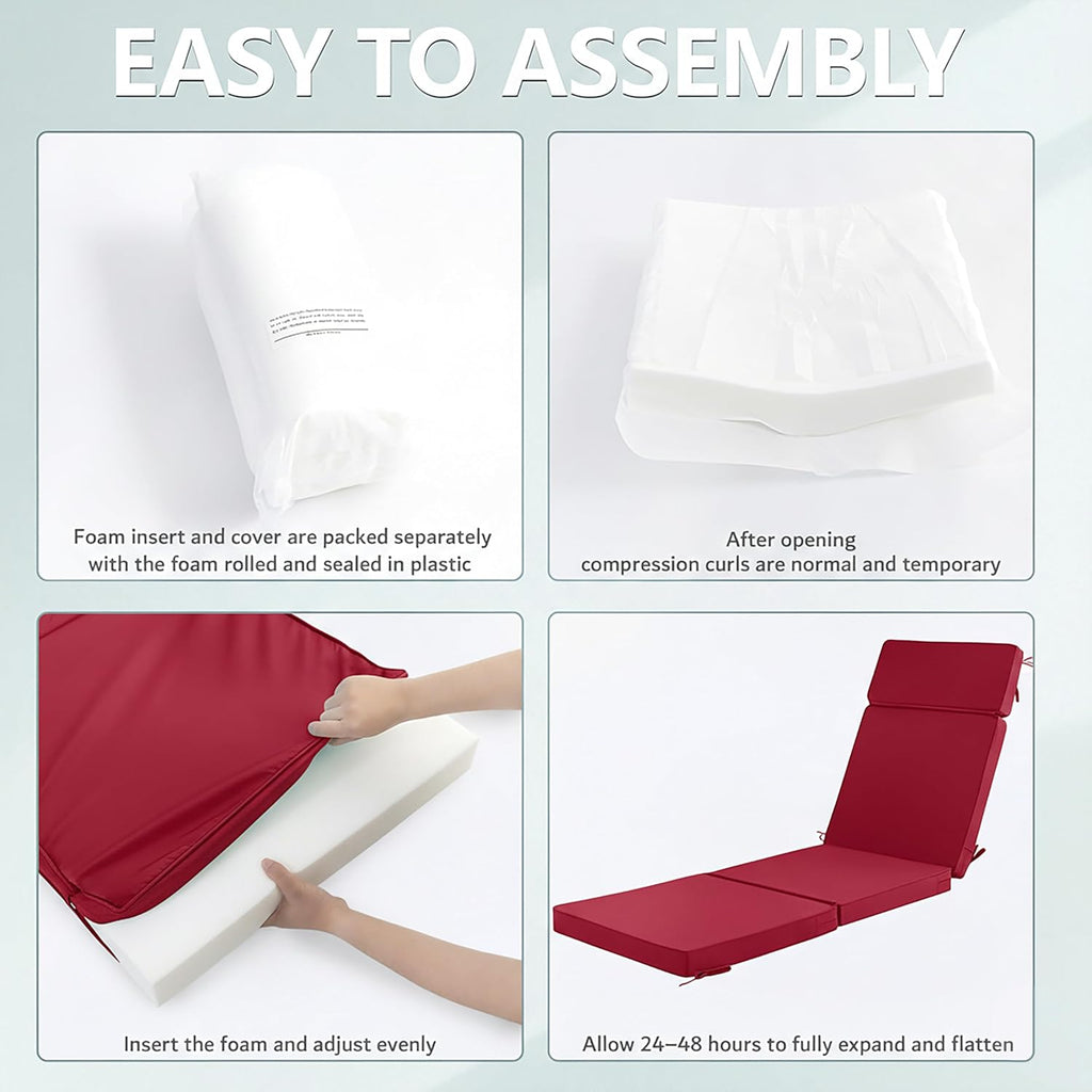 80 x 26 Inch Outdoor Chaise Lounge Cushions Set of 2 - Removable Cover, 4-Section Design, Water-Repellent & Fade-Resistant, 6 Tie Straps, Replacement for Patio & Pool Chairs - Burgundy