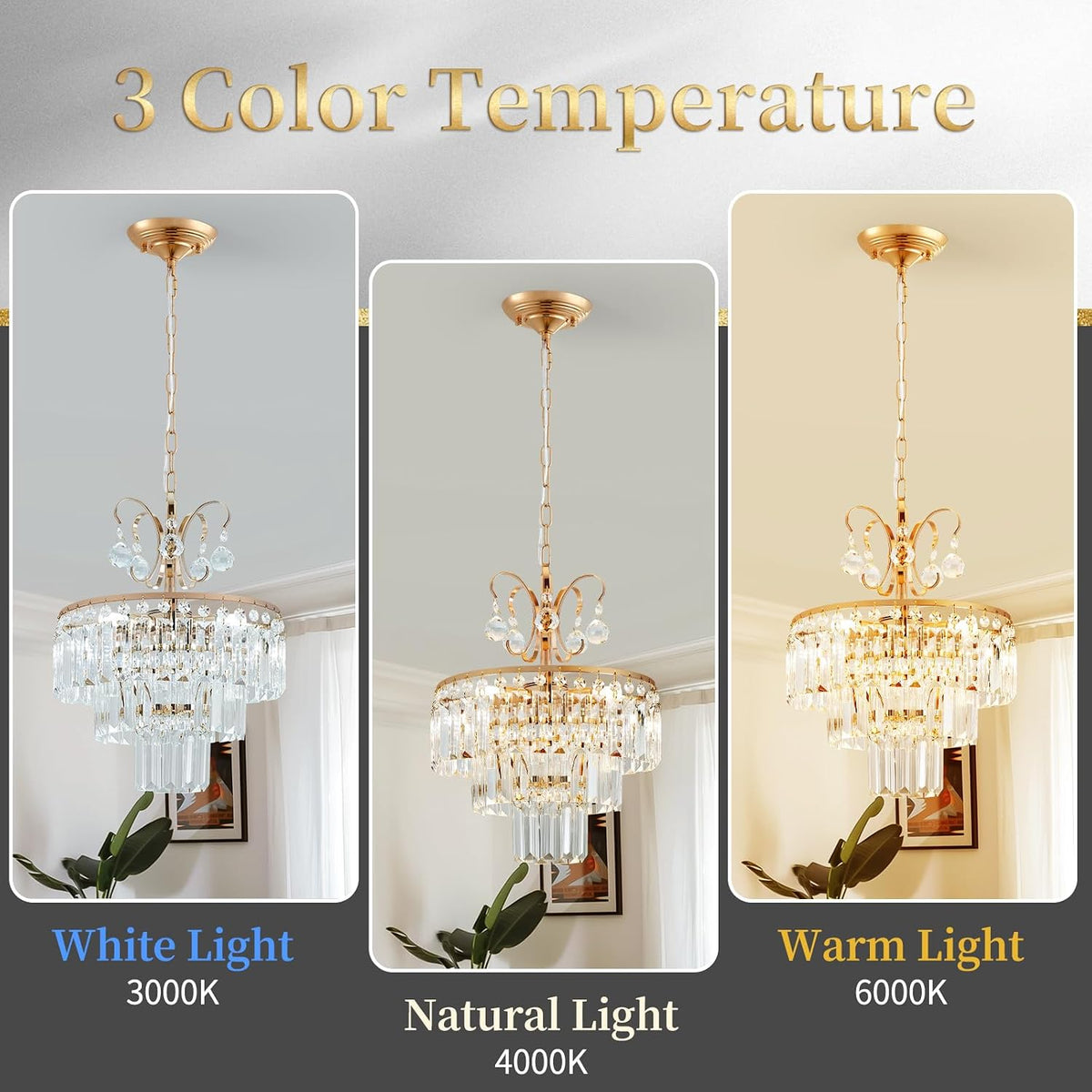 3-Light Gold Crystal Chandelier,Modern 3 Tier Semi Flush Mount Chandelier with G9 Base,Height Adjustable for Farmhouse Living Room Dining Room Bedroom Kitchen Corridors