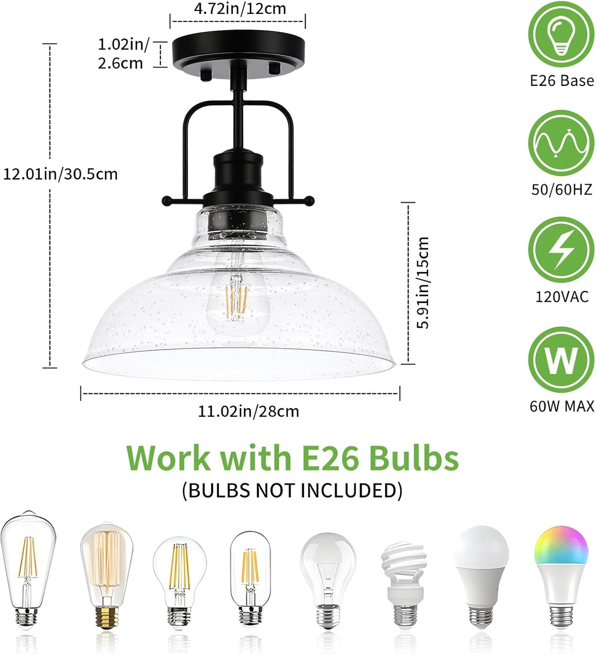 WILON Black Semi Flush Mount Ceiling Lights, Kitchen Lighting Fixtures with Seeded Glass Shade, Farmhouse Ceiling Lights for Kitchen Hallway Entryway Foyer Laundry Room