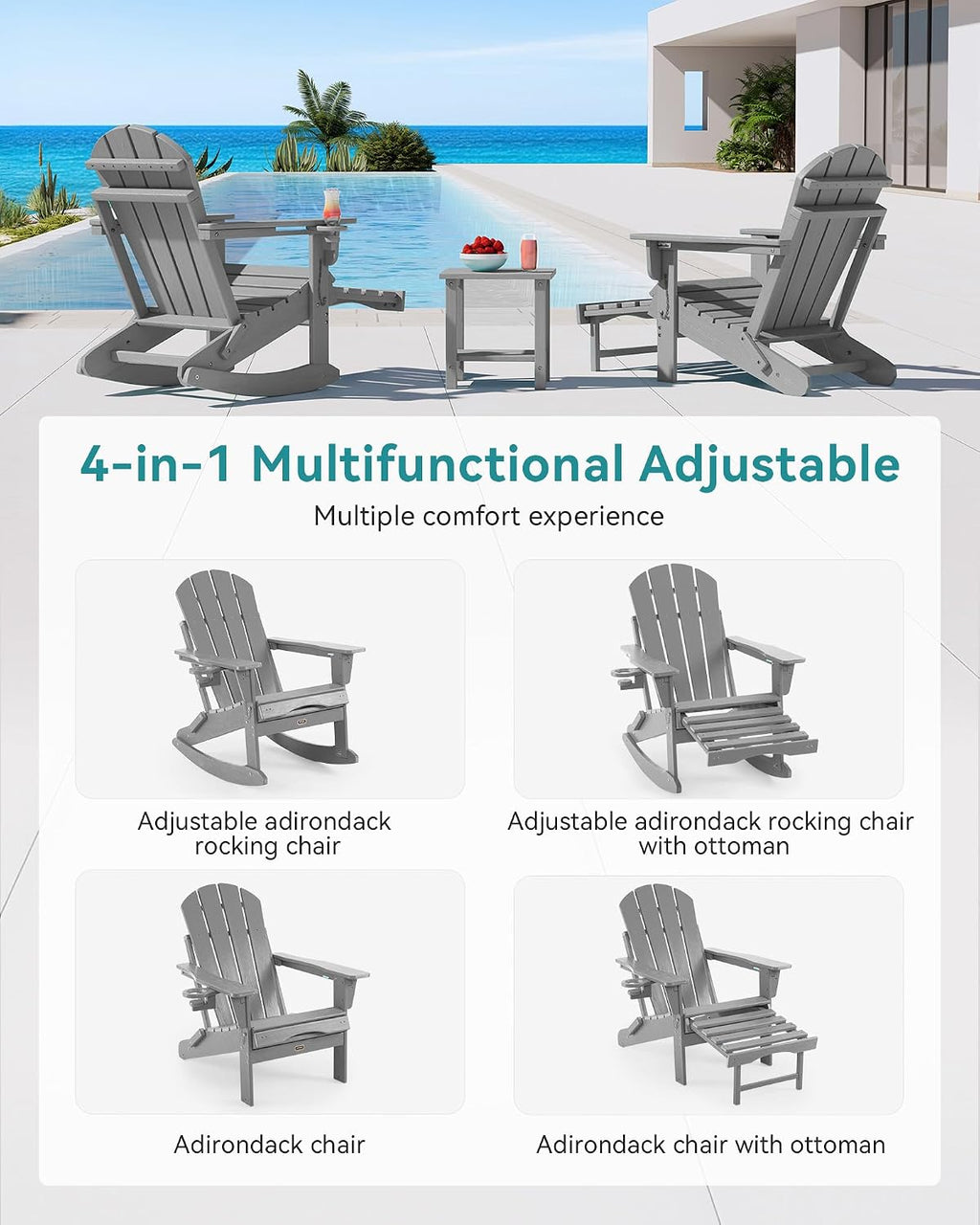 adjustable adirondack rocking chair 4-in-1 retractable ottoman,grey, side view