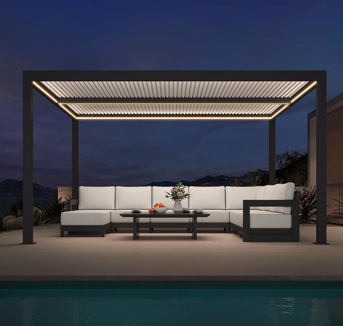 PURPLE LEAF 12' x 14' Louvered Pergola w/LED Lights & White Aluminum Roof
