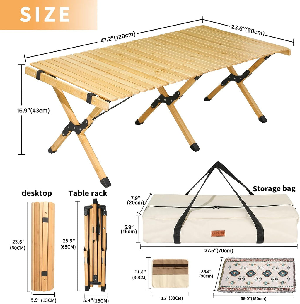 Portable Folding Table,4Ft Bamboo Outdoor Camping Table,Low Picnic Table for Sitting on the Floor,Beach Foldable Table with Carry Bag and Tablecloth,Boho Table for Camping,BBQ,Party