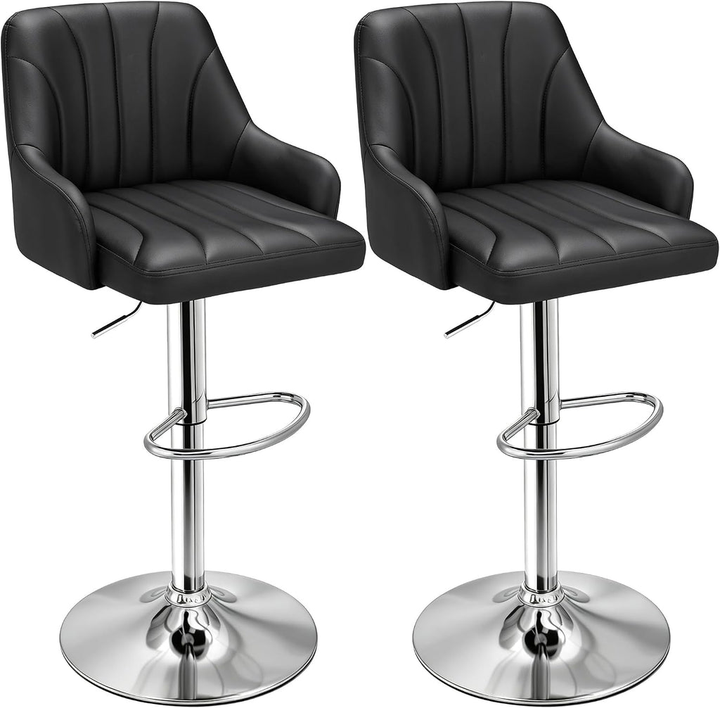 VECELO Bar Stools Set of 2, Adjustable Barstools, Counter Height Stools with Back and Arm, Kitchen Island Stools, Swivel PU Chairs for Pub, Dining Room, Modern Style, Black