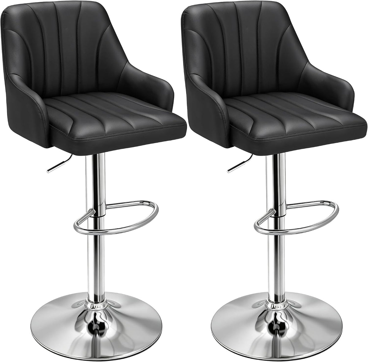 VECELO Bar Stools Set of 2, Adjustable Barstools, Counter Height Stools with Back and Arm, Kitchen Island Stools, Swivel PU Chairs for Pub, Dining Room, Modern Style, Black