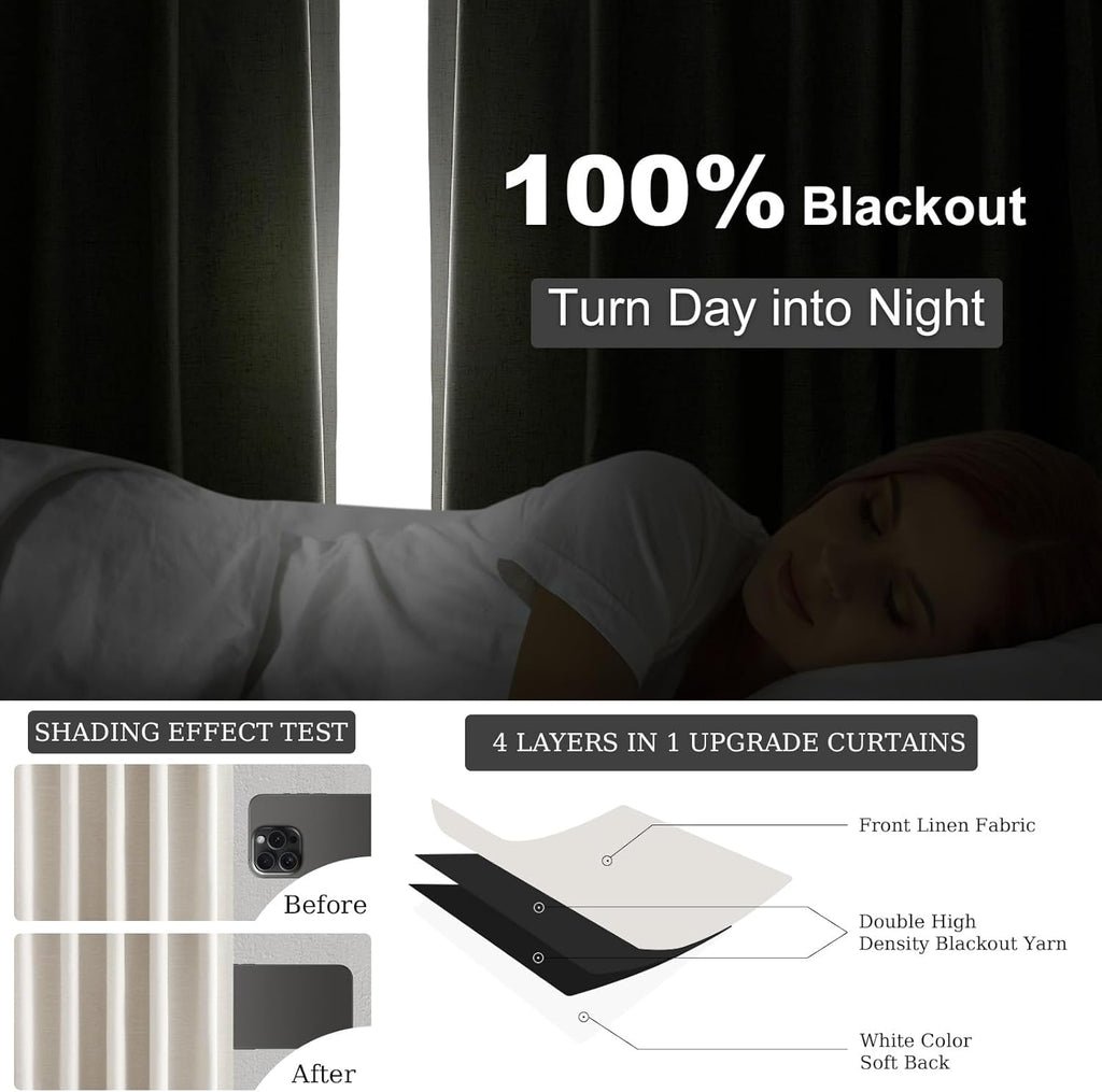 Topfinel 105 Inches Long Custom Black Out Faux Thick Linen Drapery Two Panels, Cream White Back Tab Rod Pocket Rustic Ivory Curtains, Pleated Curtains, Outdoor Patio Curtains Winter Christmas Decor