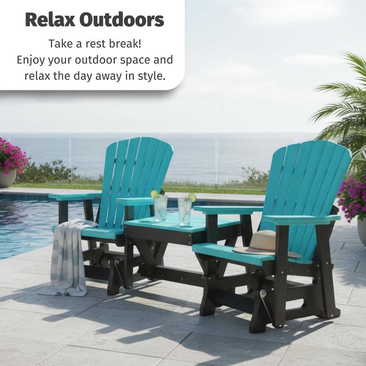 DutchCrafters Slat Fan Back Double Poly Adirondack Glider Outdoor Patio Chairs with Center Table (Black & Aruba Blue)