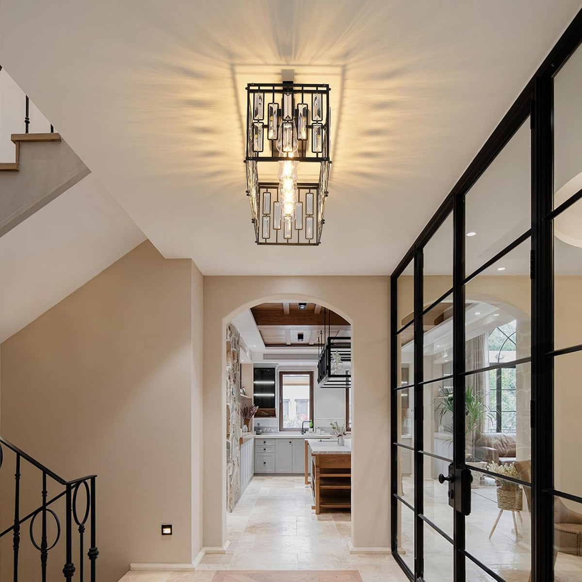 Garwarm 38.7 Inch Crystal Chandelier, 6-Light Black Rectangle Ceiling Light