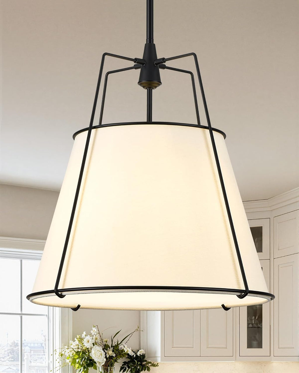 Black Pendant Lights Kitchen Island, 16.5" Linen Drum Chandelier