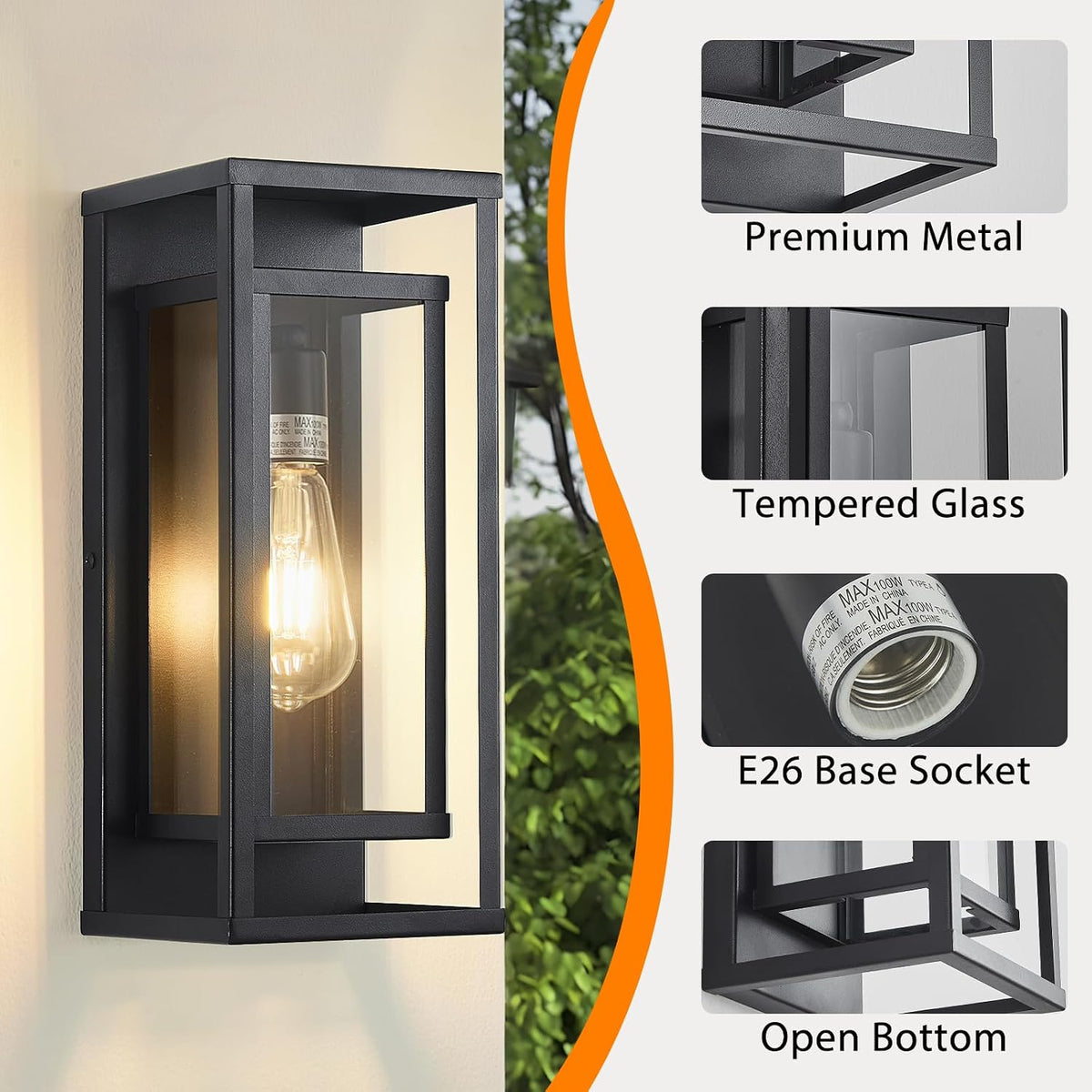 14" Black Outdoor Light Fixture, E26 Outdoor Wall Lantern 2-Pack
