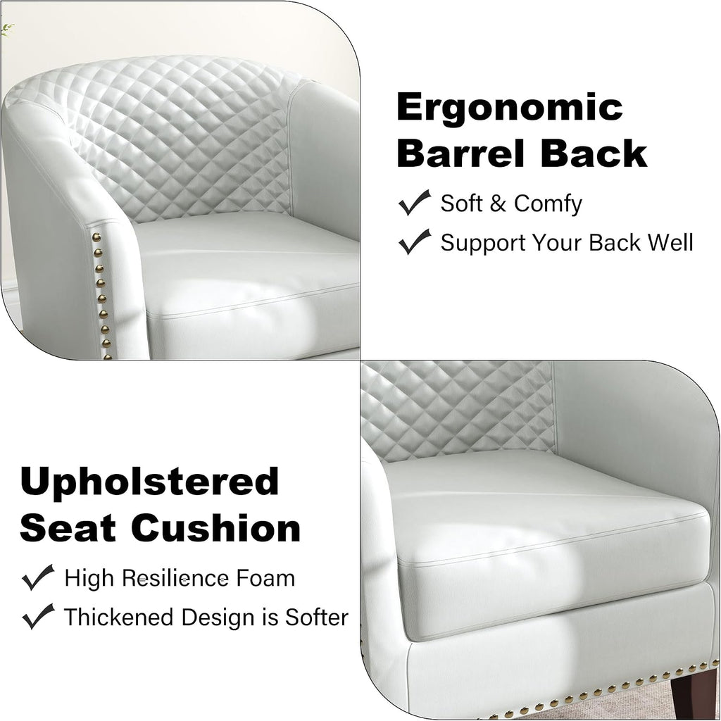 Faux Leather Barrel Accent Chair with Nailhead, White, Set of 2
