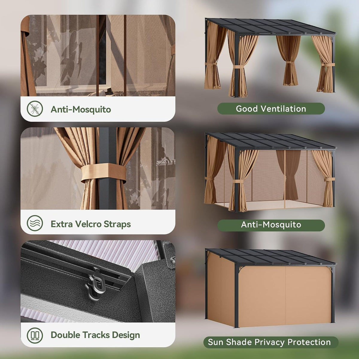 Aoxun 12'x10' Lean to Gazebo, Pergola with Mosquito Net and Curtains, Brown