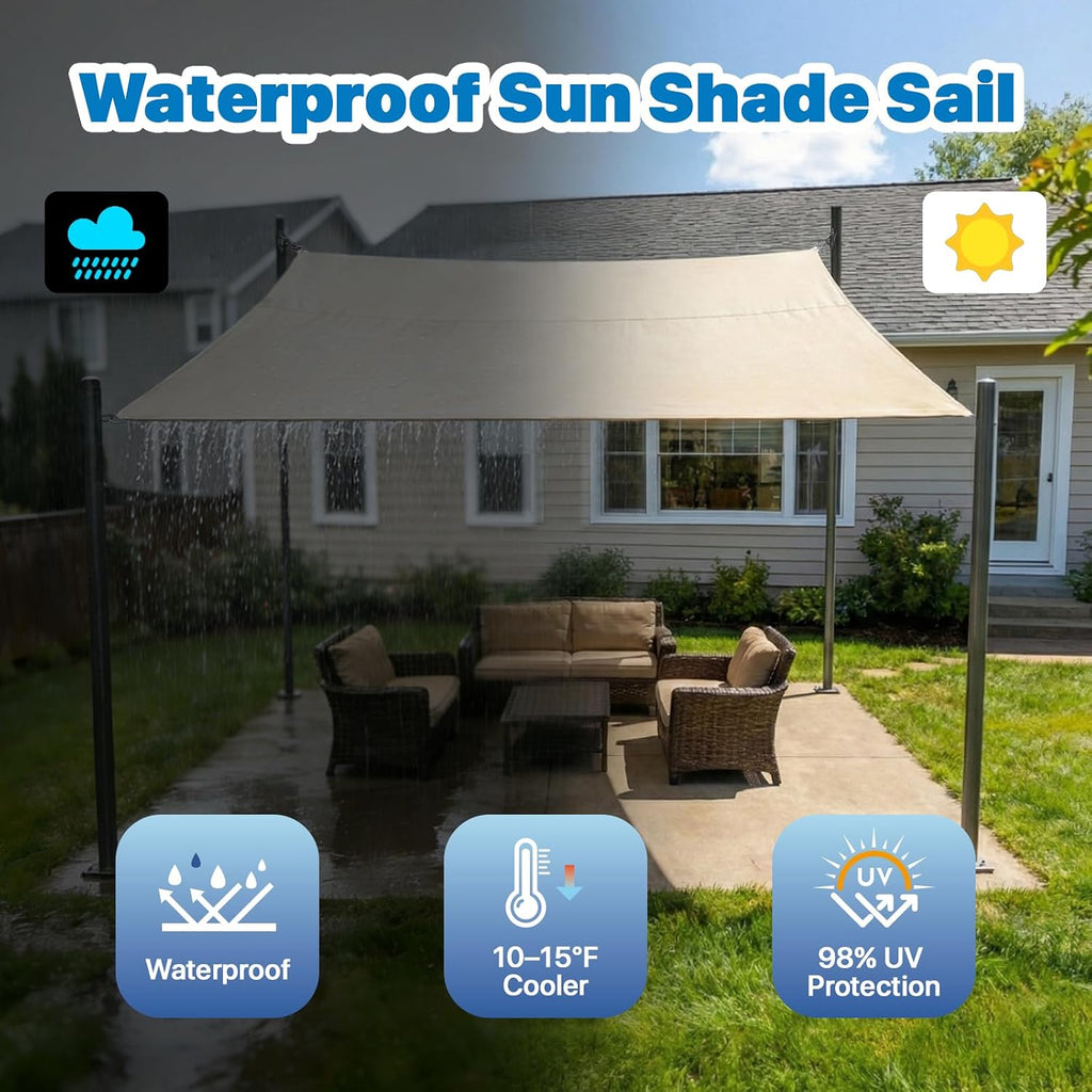 Royal Shade 7' x 12' Beige Rectangle Waterproof Sun Shade Sail Canopy Awning, UPF50+ 98% UV Blockage & Water Resistant, Outdoor Backyard Patio Garden Carport (We Make Custom Size)