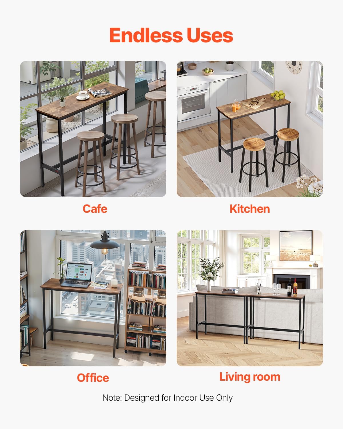 VEVOR Bar Table, Sturdy Metal Frame High Top Pub Table, Narrow Long Kitchen Dining, Cocktail Counter Bar Height Desk, Easy to Assemble,39x16x35.5 in, for Living Room Party, Rustic Brown and Black
