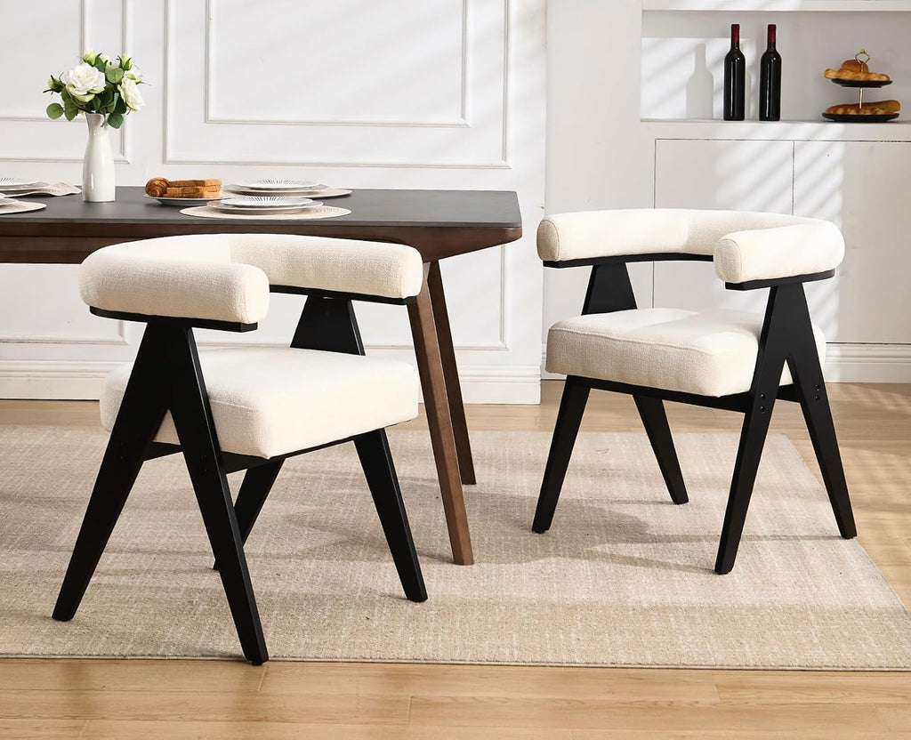 CIMOTA Barrel Wooden Dining Chairs with Arms Set of 4, Modern Fabric Upholstered Kitchen Chairs with Black Wood Legs Contemporary Armchairs Accent Side Chairs for Dining Living Room, Cream White