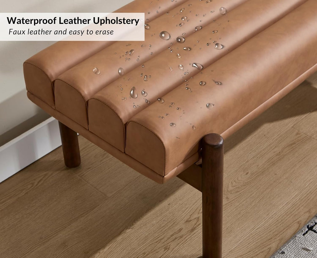 EALSON 47 Inch Entryway Bench Leather Upholstered End of Bed Bench Bedroom Bench with Cylindrical Cushion and Walnut Legs Modern Comfy Long Ottoman Bench for Bedroom Living Room, Brown
