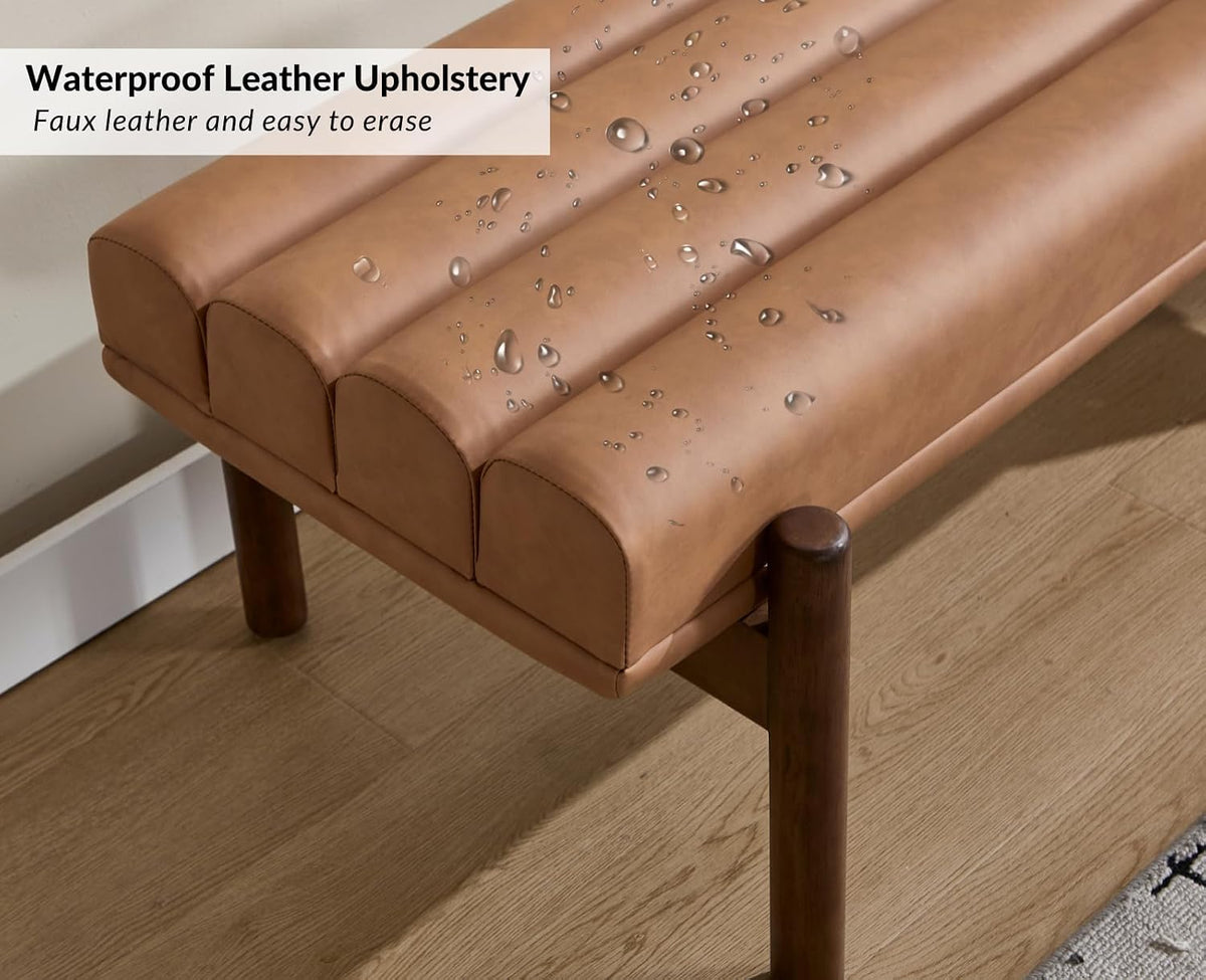 EALSON 47 Inch Entryway Bench Leather Upholstered End of Bed Bench Bedroom Bench with Cylindrical Cushion and Walnut Legs Modern Comfy Long Ottoman Bench for Bedroom Living Room, Brown