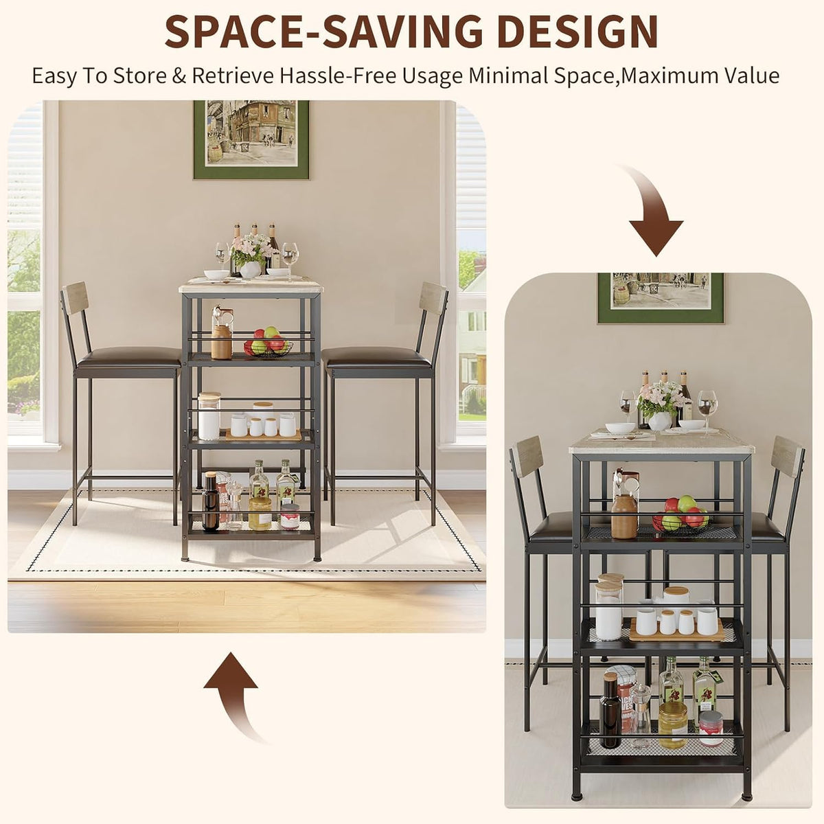 3-piece counter height dining set for 2, small on a desk or shelf