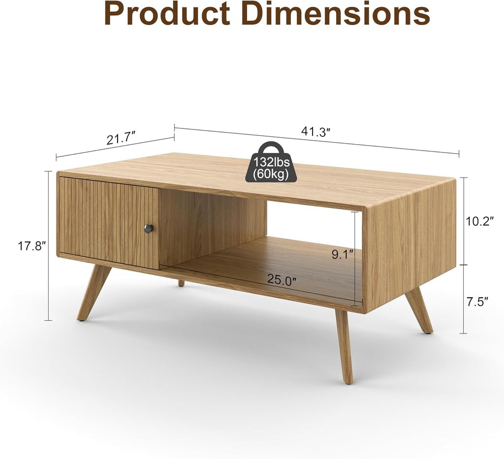 Manora Mid Century Modern Coffee Table with Storage, Natural Wood Finish