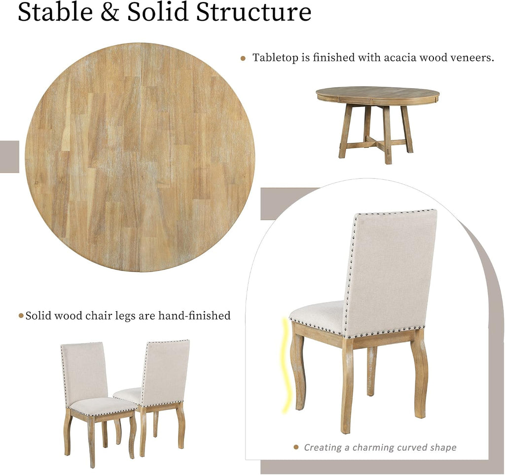 Harper & Bright Designs 5-Piece Farmhouse Extendable Round Dining Table and Upholstered Chair Set With Shelf for Family Dining Area