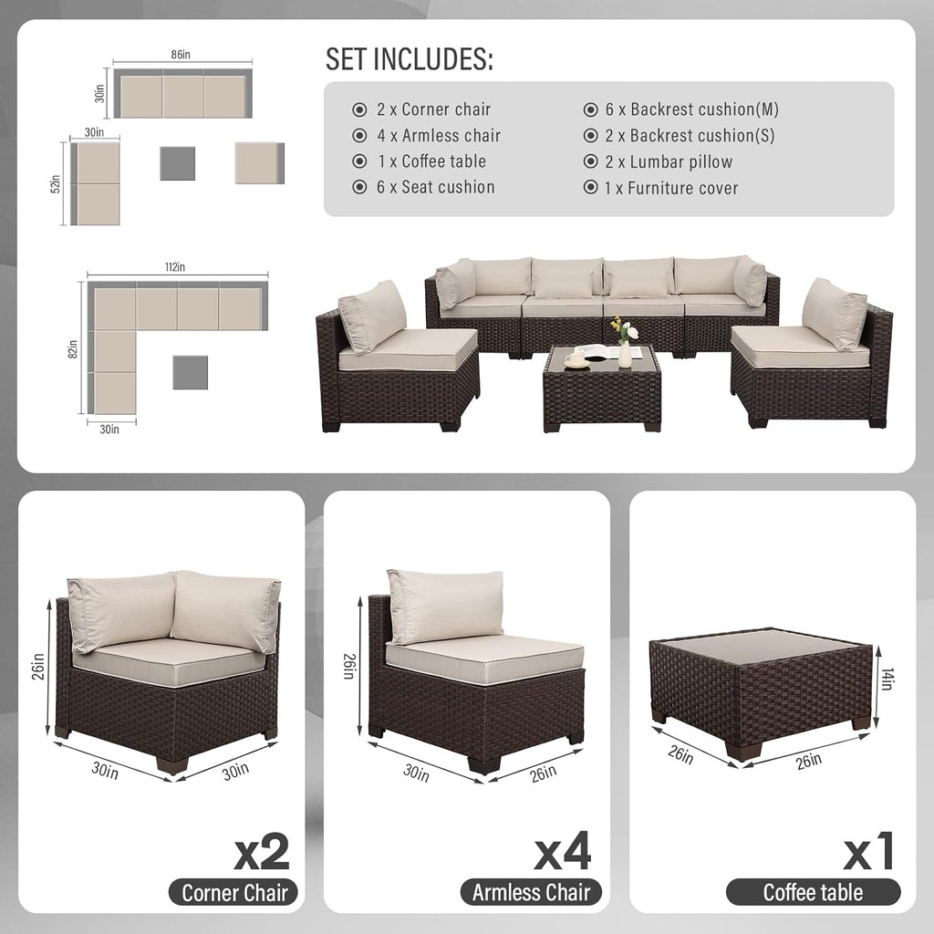 WAROOM Outdoor Patio Furniture Set 7 Pieces Wicker Sectional Sofa Brown Rattan Conversation Couch with Coffee Table, Anti-Slip Thick Beige Cushion