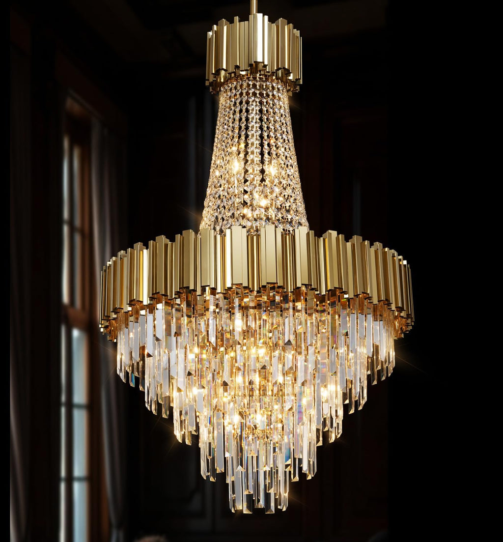 Modern Gold Crystal Chandelier Luxury for High Ceiling Foyer 5-Tier H44"