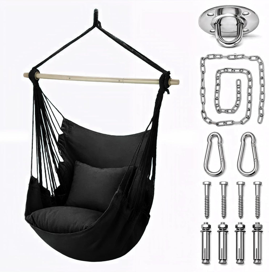Athena Collection Hammock Chair Hanging Rope Swing, Black
