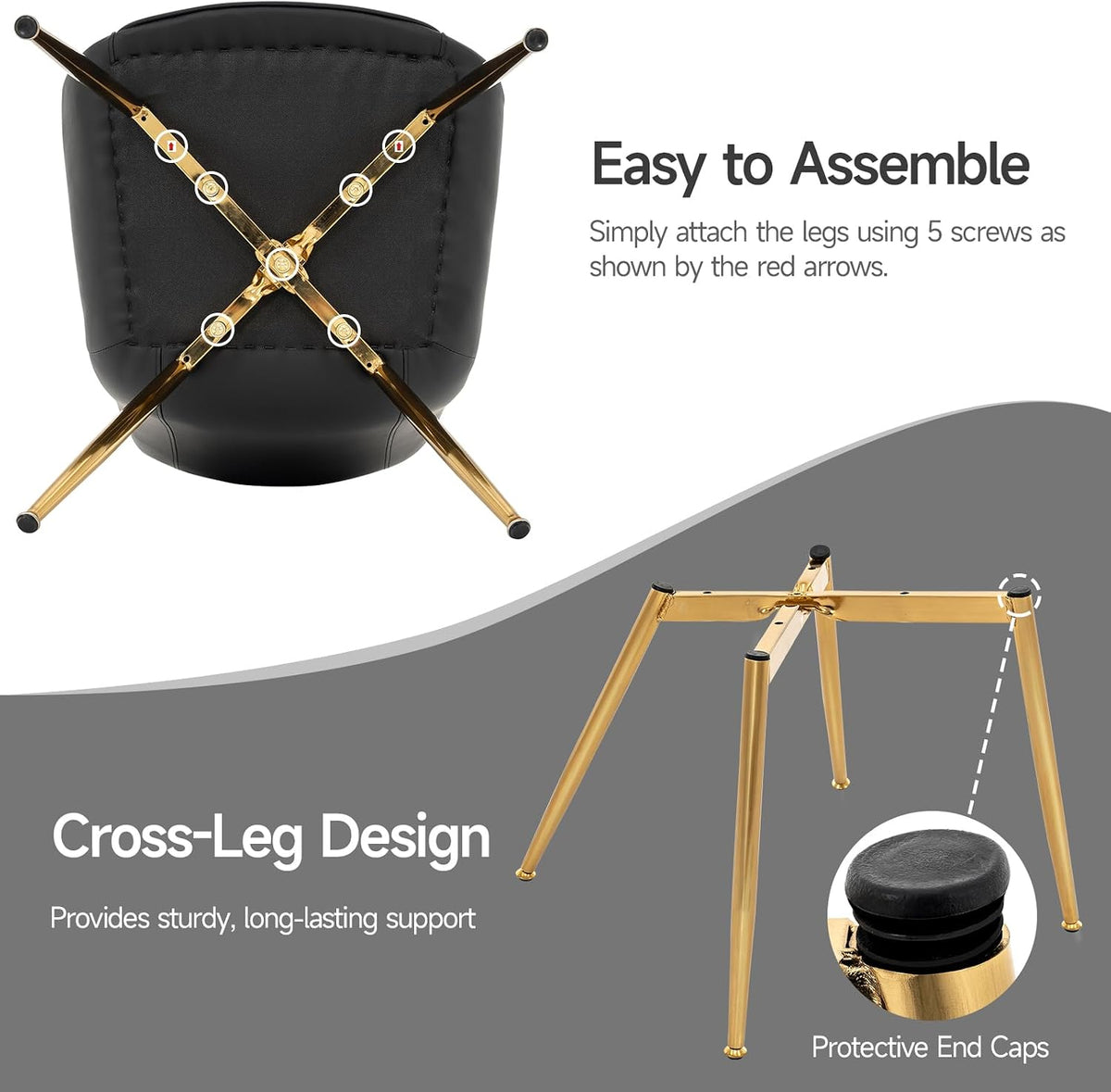 Dining Chairs Set of 2, PU Leather Armless with Metal Legs Black, Gold Legs