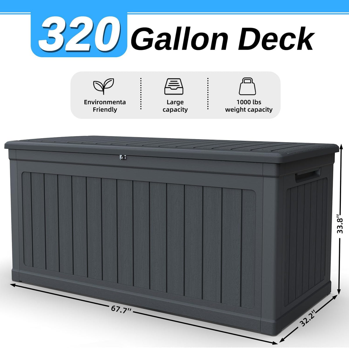 320 Gallon Outdoor Storage Deck Box, Waterproof Resin Deck Boxes with Handle & Lockable for Patio Furniture, Garden & Pool Tools -Swimming Pool, UV Resistant, Black (320)