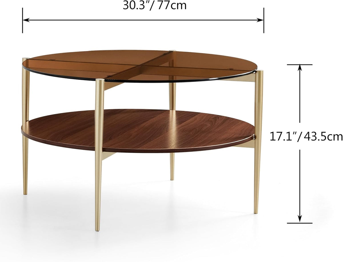 Shrine Round Glass Coffee Table, Mid-Century Modern Design, D30 x H17 in, 2-Tier Structure, Amber Glass Top and Walnut MDF Shelf, Sleek Conical Metal Legs with Gold Finish