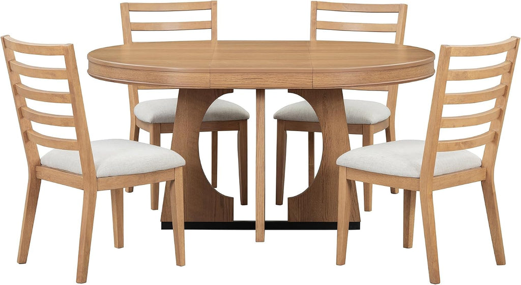 Knocbel Extendable Round Dining Table Set for 4-6, Round Dining Table with 4 Upholstered Chairs, Oval Table & Chair Sets with Unique Geometric Design for Living Room Kitchen, Natural