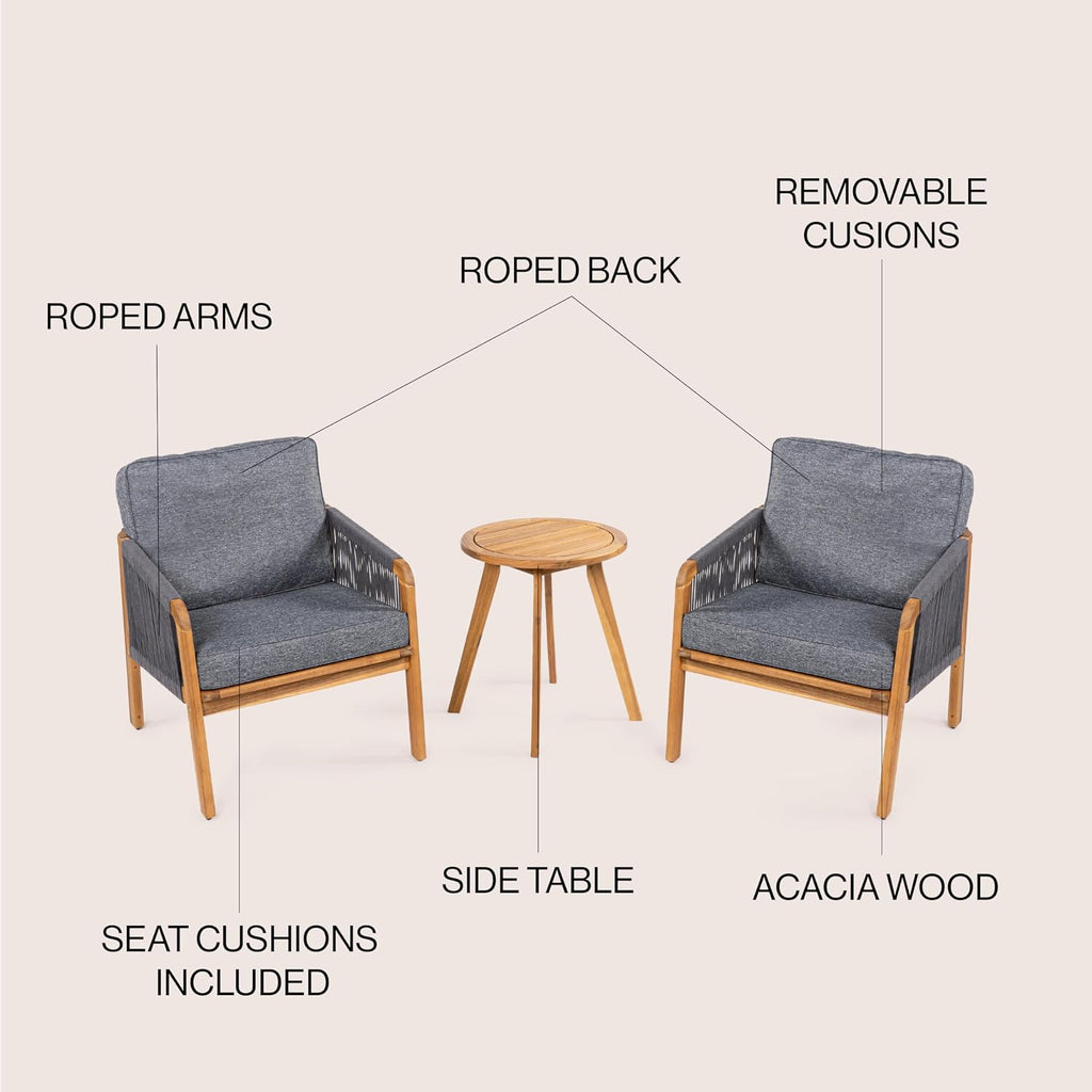 JONATHAN Y Aveiro 3-Pc Acacia Patio Conversation Set, Teak Brown/Gray