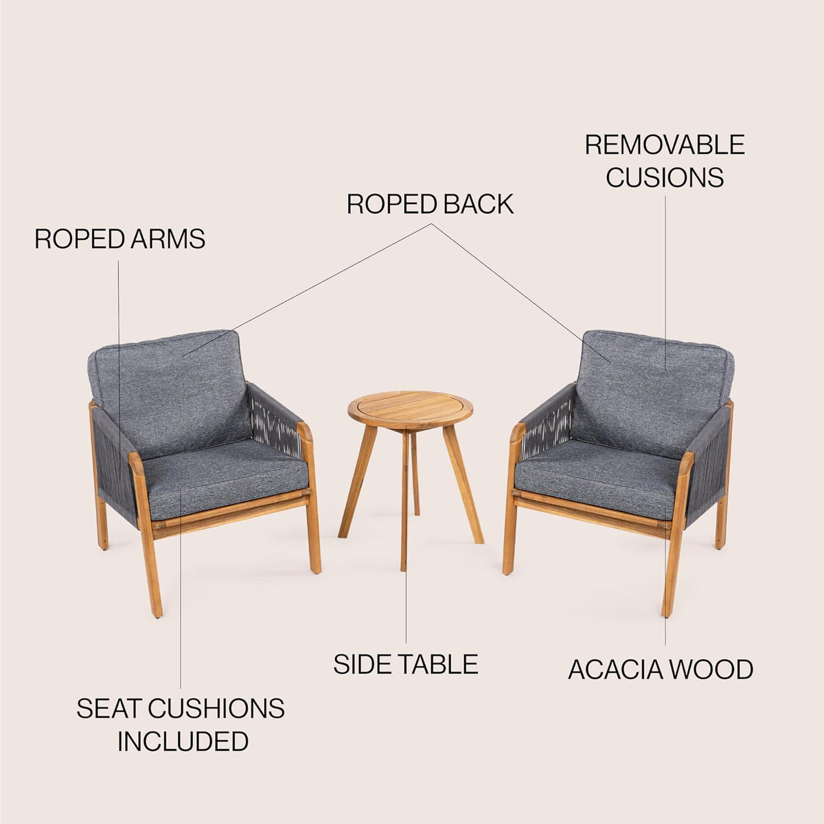 JONATHAN Y Aveiro 3-Pc Acacia Patio Conversation Set, Teak Brown/Gray