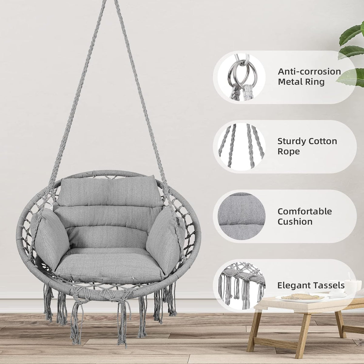 Goutime Hammock Swing Chair Macrame Boho Hanging Chairs Light Grey