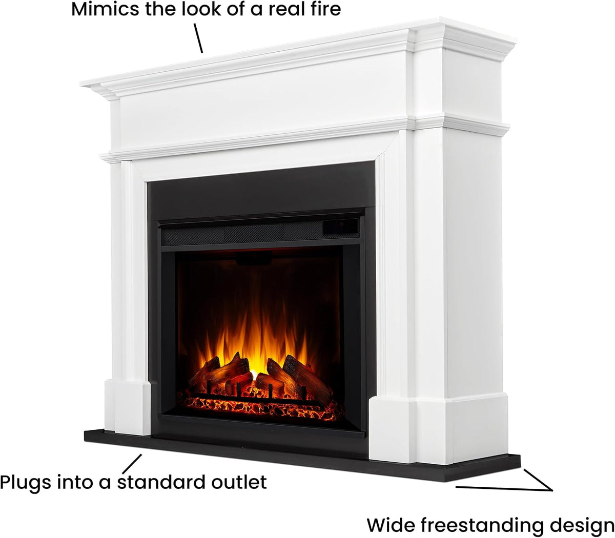 Real Flame Harlan 55” Electric Fireplace with Mantel for Living Room or Bedroom, Replaceable Fireplace Insert Heater, Realistic Log and Flame Effect, Remote Control, Timer, White
