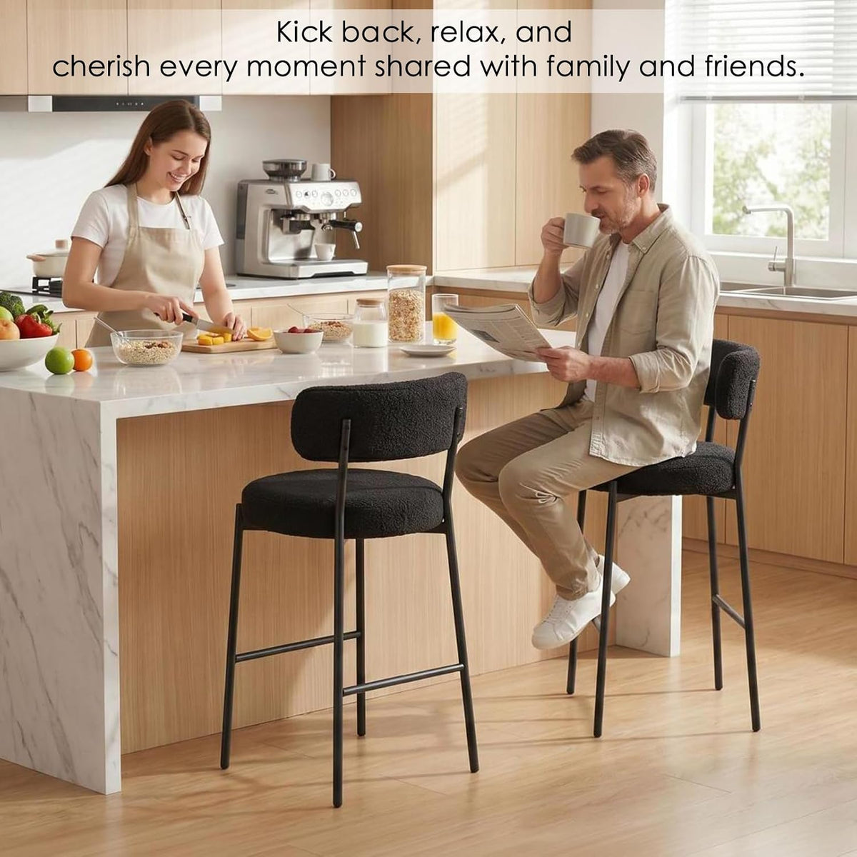 Furniliving 28'' Bar Stools Set of 3, Modern Boucle Counter Height Bar Stools with Ergonomic Curved Back, Upholstered Kitchen Stools, Barstools for Kitchen Island, Bar, Cafe, Black