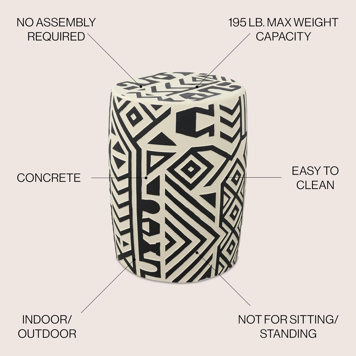 JONATHAN Y Rafi Drum Garden Stool 17.75" Concrete Patio, Black/Cream